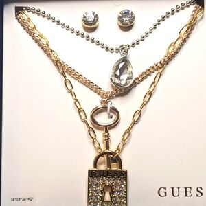 NWOT GUESS Gold-Tone  & Silver Layered Necklace & Earring Set  Lock & Key Design